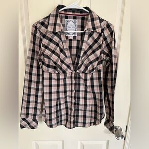 Vintage Guess Black and Pink Plaid Button-Down Shirt